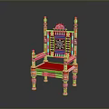 Ornate Red Dining Chair With Intricate Carved Design Decorative Posts And Green Accents