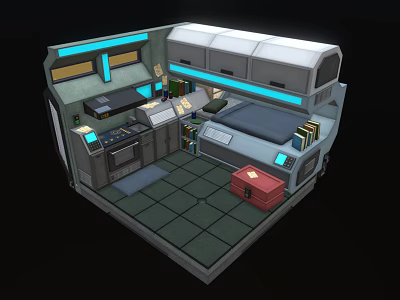 Cartoon Futuristic Space Capsule Room With Kitchen Bed Blue Lighting And Red Storage Box 3d model