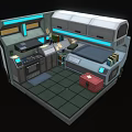 Cartoon Futuristic Space Capsule Room With Kitchen Bed Blue Lighting And Red Storage Box