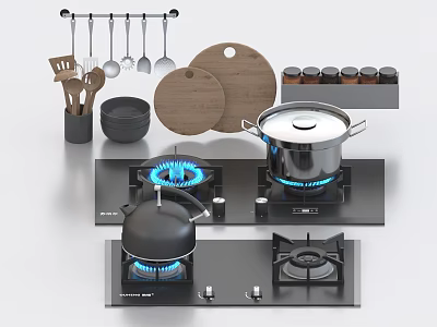 Modern Kitchen Setup With Gas Stove Pots Cooking Utensils Wooden Chopping Boards And Spice Containers 3d model