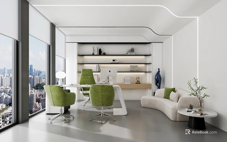 Modern Open Office Interior With Large Windows Green Chairs White Sofa Bookshelf and City View 3d model 