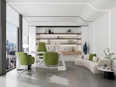 Modern Open Office Interior With Large Windows Green Chairs White Sofa Bookshelf and City View 3d model