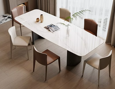 Modern Dining Table Set With Marble Top Mixed Color Chairs Green Plant And Magazine 3d model