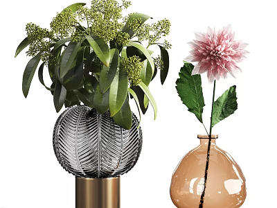 Textured Glass Vase With Gold Base And Green Foliage Alongside Amber Vase Holding Pink Dahlia 3d model