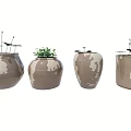Bonsai Potted Plants in Brown White Speckled Pots Featuring Green Plants Pink Flowers Lotus Leaves