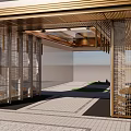 Luxurious Modern Entrance Gate With Golden Metal Frame Intricate Lattice Design And Decorative Ceiling Beam