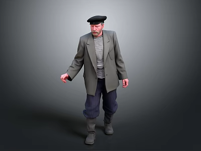Elderly Man In Gray Coat Striped Shirt Pants Gray Boots And Black Beret Standing 3d model