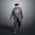 Elderly Man In Gray Coat Striped Shirt Pants Gray Boots And Black Beret Standing