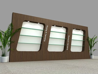 Wooden Display Shelf With Glass Shelves Lighting And Green Plants Around 3d model