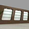 Wooden Display Shelf With Glass Shelves Lighting And Green Plants Around