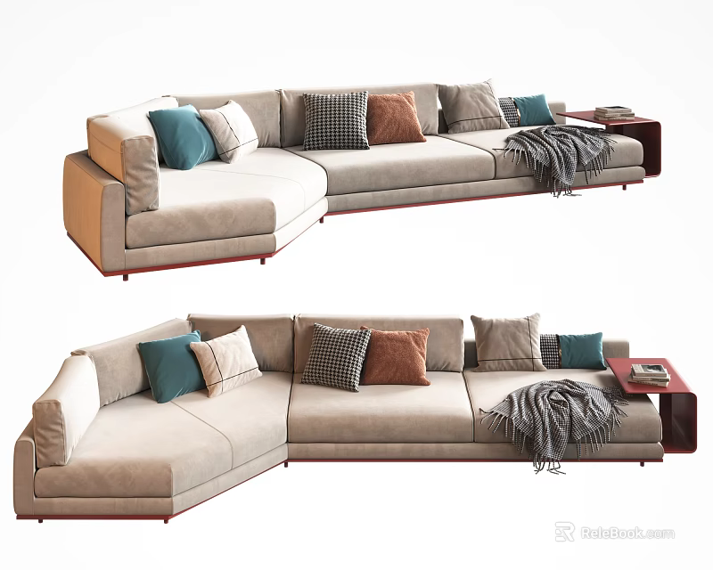 Light Beige L Shaped Sectional Sofa with Colorful Cushions Gray Throw Blanket and Side Table 3d model
