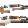 Light Beige L Shaped Sectional Sofa with Colorful Cushions Gray Throw Blanket and Side Table 3d model