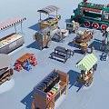 Public Facilities Featuring Street Food Stalls And Train Shaped Carts With Awnings Umbrellas And Tables