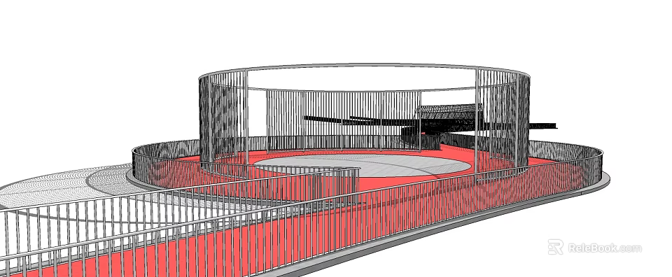 Circular Garden Ornament With Red Flooring Metal Railings And Layered Design 3d model 