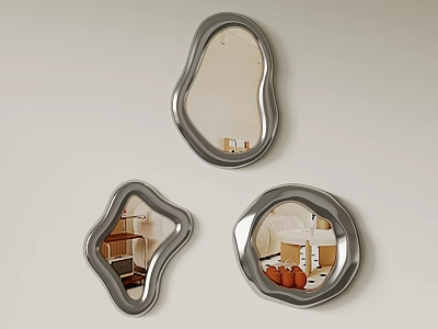 Three Irregular Shaped Silver Framed Mirrors Hanging On Light Wall Reflecting Room Details 3d model