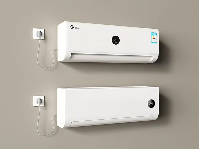 Two White Gree Wall Mounted Air Conditioners Installed On Wall With Power Plug 3d model