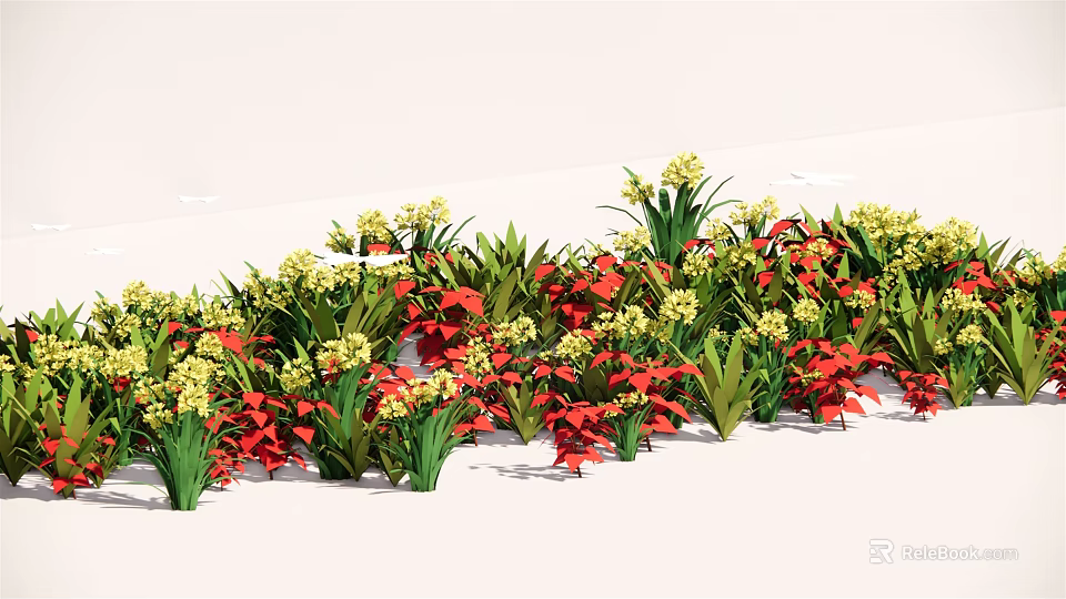 Colorful Garden Flowers And Plants Featuring Red Yellow Blooms And Green Foliage 3d model 