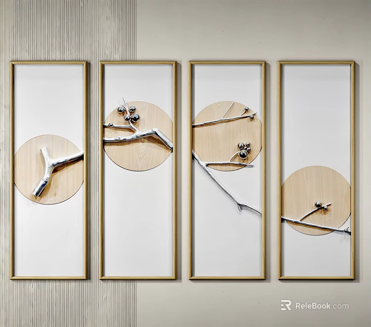 Contemporary Wall Decor Four Panel Art With Golden Frames Branch And Circular Elements 3d model