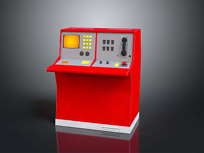 Red Industrial Control Console With Yellow Screen Gray Buttons Black Knob And White Base 3d model