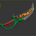 Ornate Decorative Knife With Curved Blade Red Handle Green Accents And Orange Black Patterns