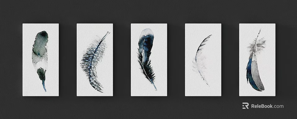 Three Feather Watercolor Paintings Hanging On Black Wall Decorative Artwork 3d model 