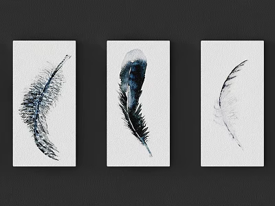Three Feather Watercolor Paintings Hanging On Black Wall Decorative Artwork 3d model
