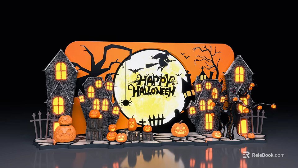 Halloween Art Installation With Witch Full Moon Lit Pumpkin Decorations Haunted Houses And Black Cat 3d model 