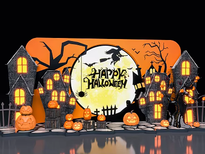 Halloween Art Installation With Witch Full Moon Lit Pumpkin Decorations Haunted Houses And Black Cat 3d model