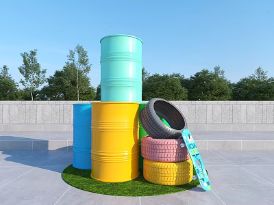 Colorful Barrels And Tires Stacked On Green Grass With Trees And Blue Sky 3d model