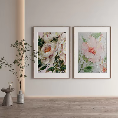 Framed Botanical Paintings With Peony And Pink Flower Watercolor Artwork On Wall 3d model