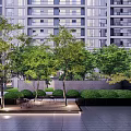 Modern Garden Landscape Design With Green Lawn Trees Stones And Sofa Coffee Table