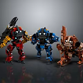 Three Colorful Robot Characters Featuring Mechanical Weapons And Animal Inspired Features In Red Blue Brown