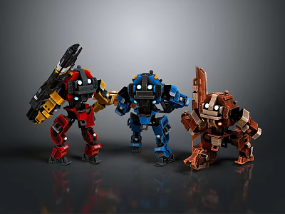 Three Colorful Robot Characters Featuring Mechanical Weapons And Animal Inspired Features In Red Blue Brown 3d model