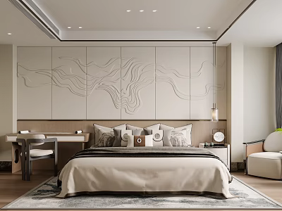 Modern Bedroom Interior With Wavy Accent Wall Neutral Tones Nightstand And Area Rug 3d model