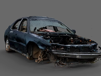 Wrecked Car After Accident With Damaged Front End And Exposed Parts 3d model