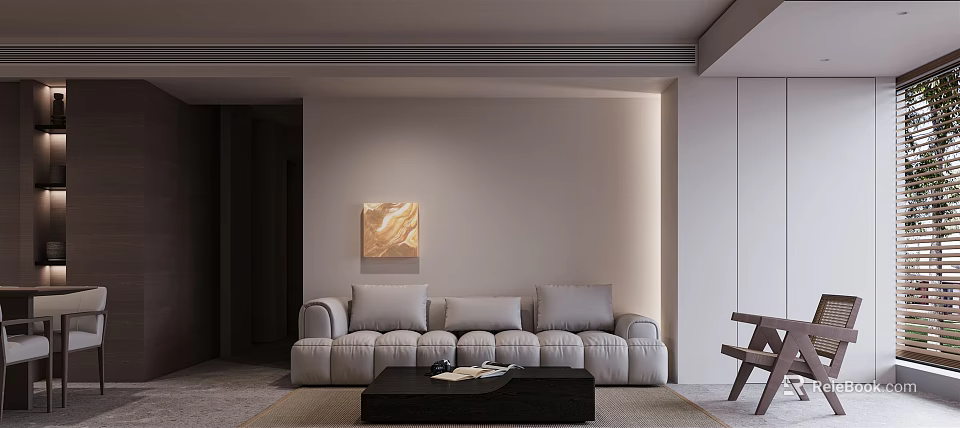 Minimalist Elegant Living And Dining Room Interior With Beige Sofa Black Coffee Table And Artwork 3d model 