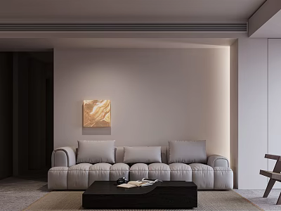 Minimalist Elegant Living And Dining Room Interior With Beige Sofa Black Coffee Table And Artwork 3d model