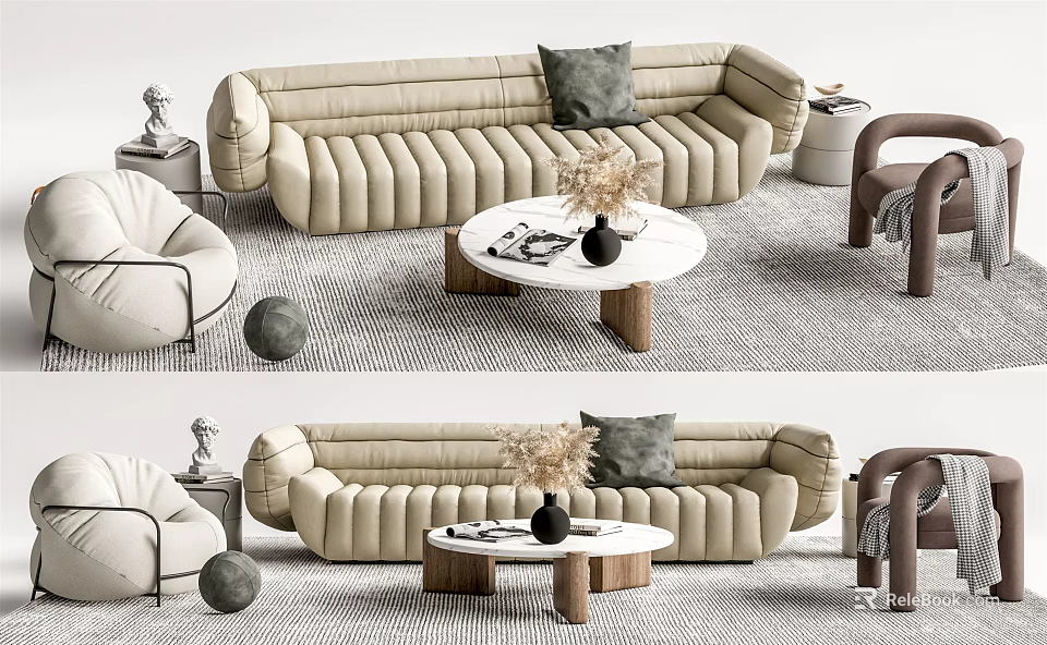 Modern Beige Sofa and Coffee Table Set in Living Room with Pillows Vase and Armchair 3d model 