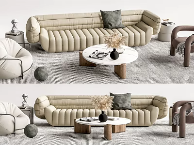 Modern Beige Sofa and Coffee Table Set in Living Room with Pillows Vase and Armchair 3d model