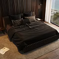 Dark Double Bed With Wooden Wall Paneling Large Window Sea View Greenery And Open Book