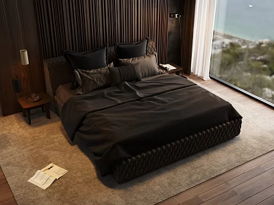 Dark Double Bed With Wooden Wall Paneling Large Window Sea View Greenery And Open Book 3d model