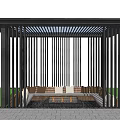 Outdoor Pergola With Black Slatted Design Fire Pit And Cushioned Sofa 3d model