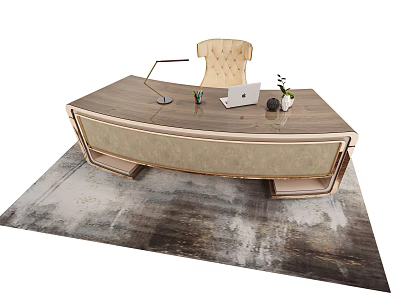 Curved Wooden Office Desk With Desk Lamp Laptop Small Plant And Chair On Rug 3d model