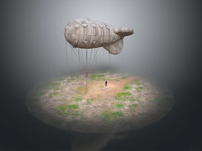 Giant Textured Airship Tethered To Ground With Small Figure On Grassy Dirt Circle Dark Background 3d model
