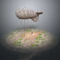 Giant Textured Airship Tethered To Ground With Small Figure On Grassy Dirt Circle Dark Background