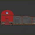 Red Chicken Coop Building With Red Roof And Enclosed Fenced Area With Straw Bedding