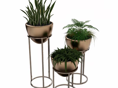 Bonsai Potted Plants with Golden Pots on Metal Stands for Indoor Decoration 3d model