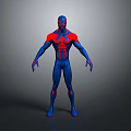 3D Rendered Spider Man Character In Blue Red Costume Standing On Gray Background
