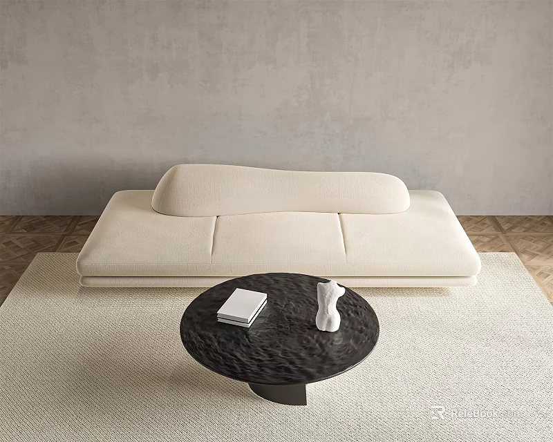 Modern Beige Three Seater Sofa Interior With Black Round Coffee Table And Decor Items 3d model