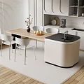 Modern Kitchen Open Concept Bar Counter With White Chairs Wooden Top Fruit Decor And Cabinets